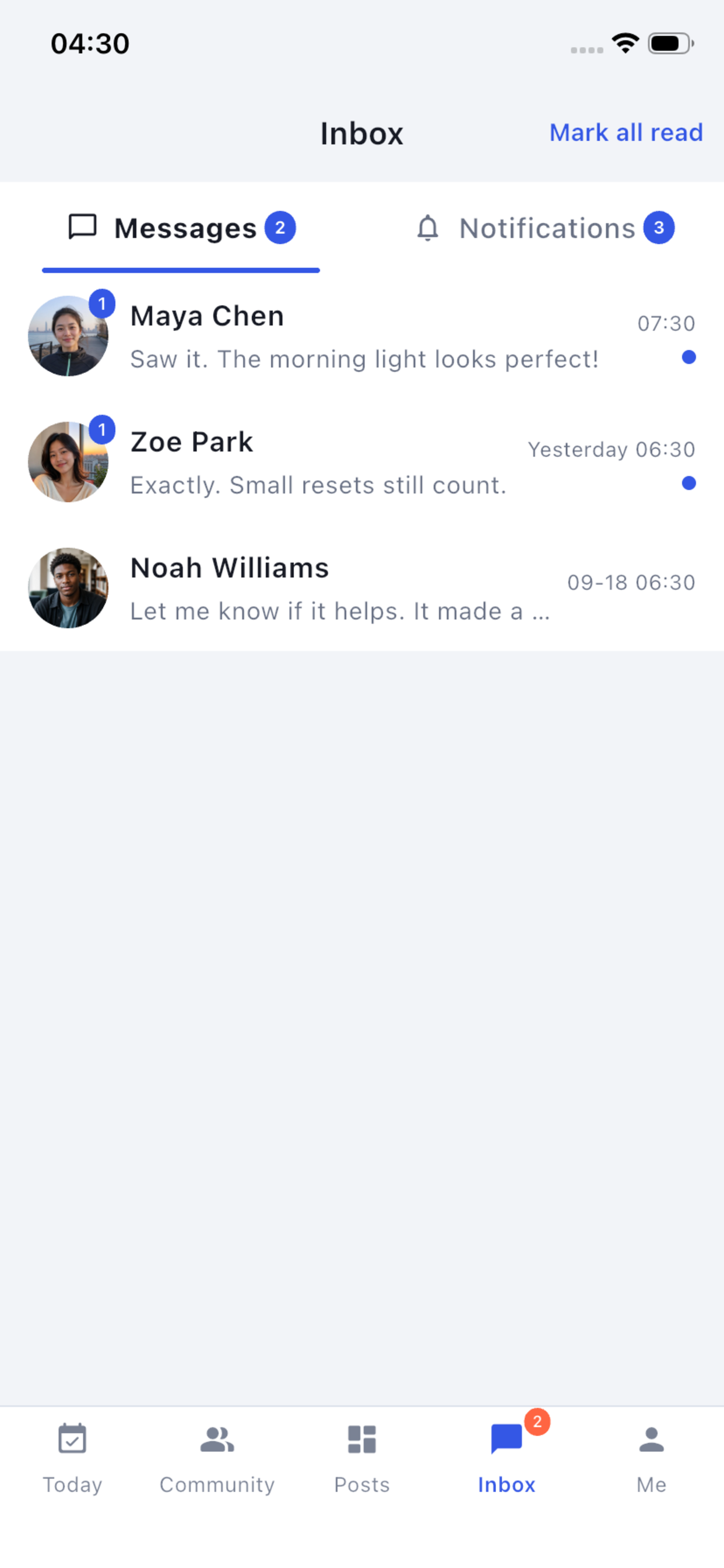 TickMo inbox screen