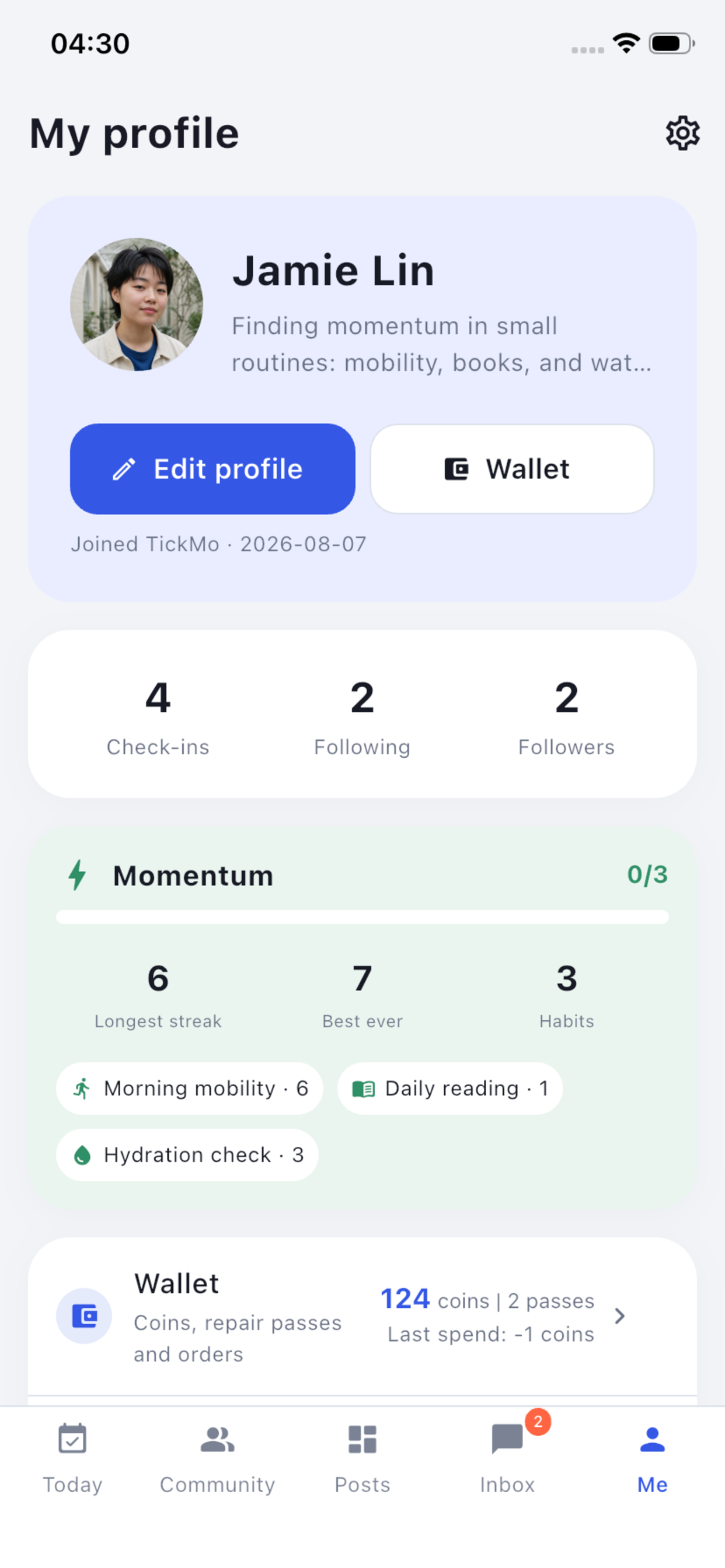 TickMo profile screen