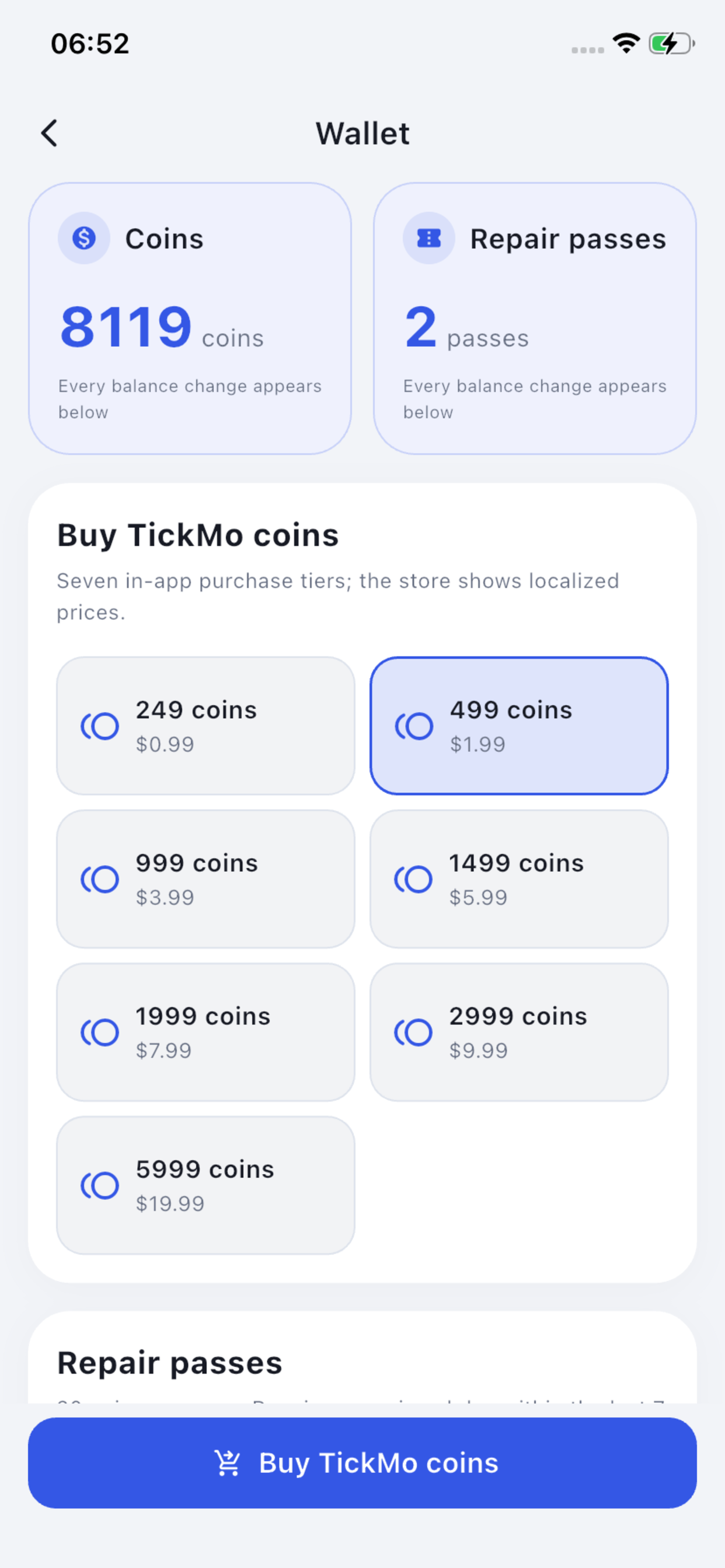 TickMo wallet screen